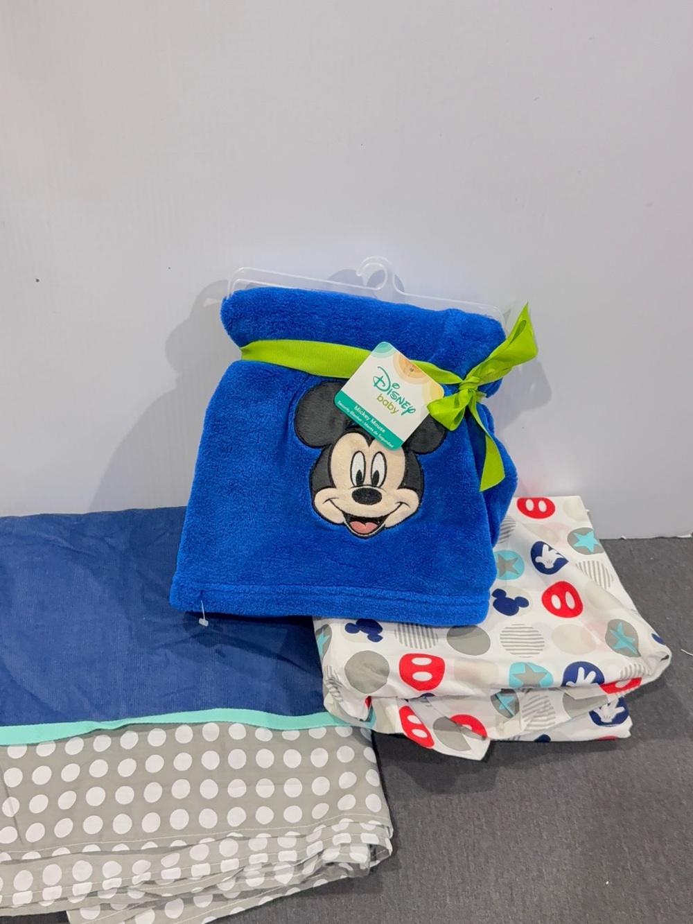Disney Blue and Green Mickey Baby Bib with Embroidered Face